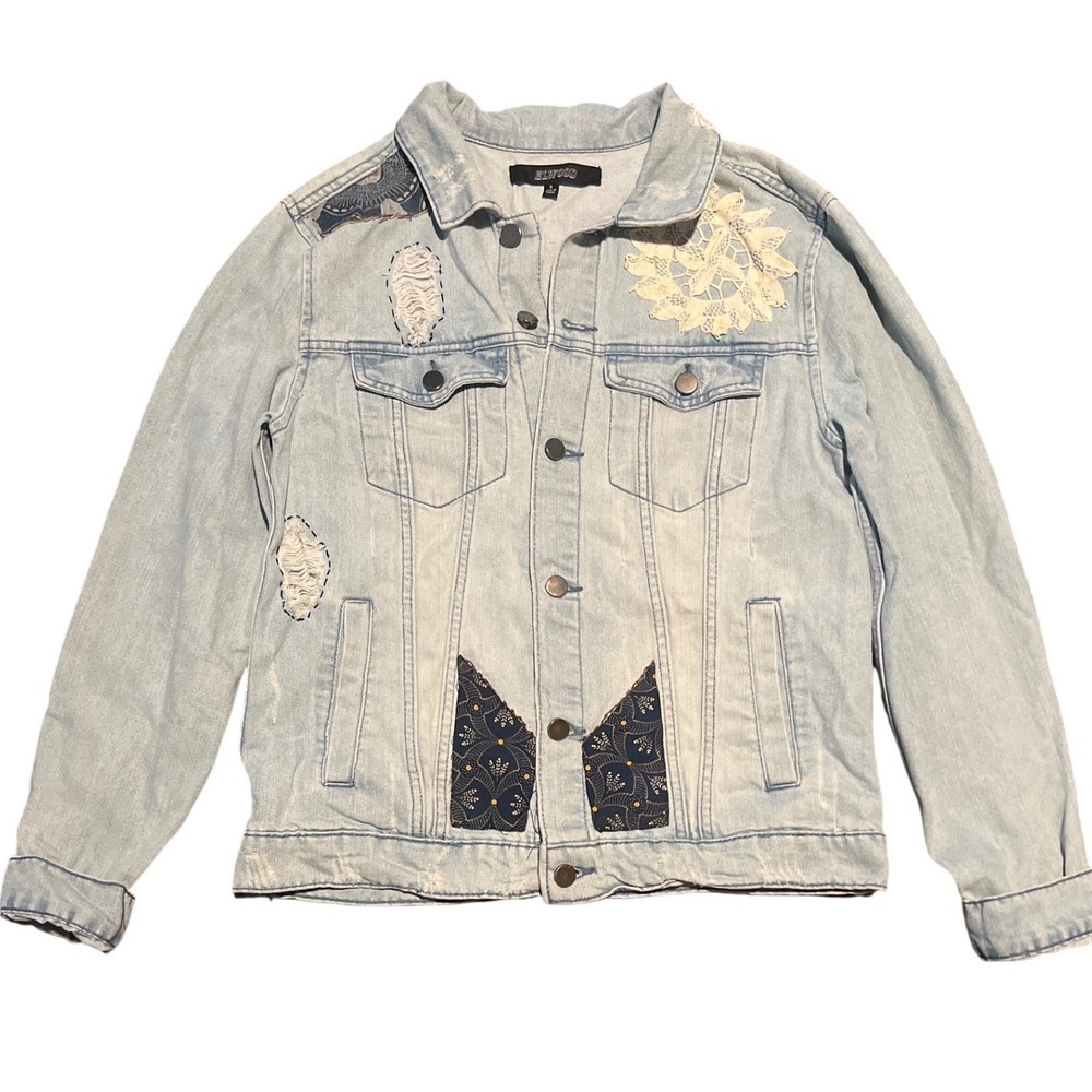 ELWOOD Distressed Denim Jacket Size S Blue Lace Patchwork Boho Cottage Core